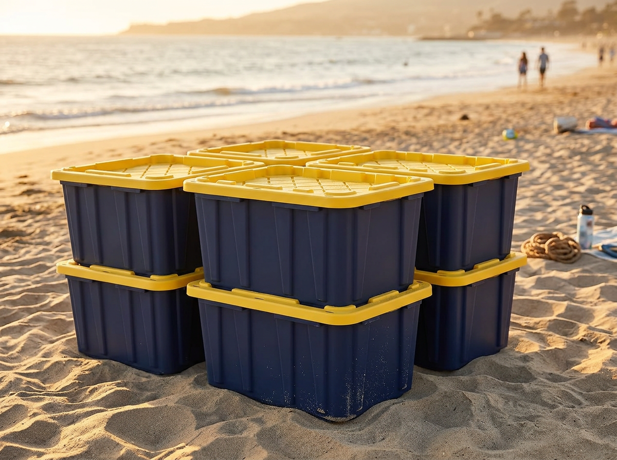 Stack of seafoam moving totes on a sandy beach at sunset